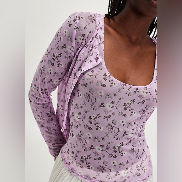 NWOT FREE PEOPLE Floral Print Mesh Tank & Cardigan Set Lilac - Picture 1 of 8